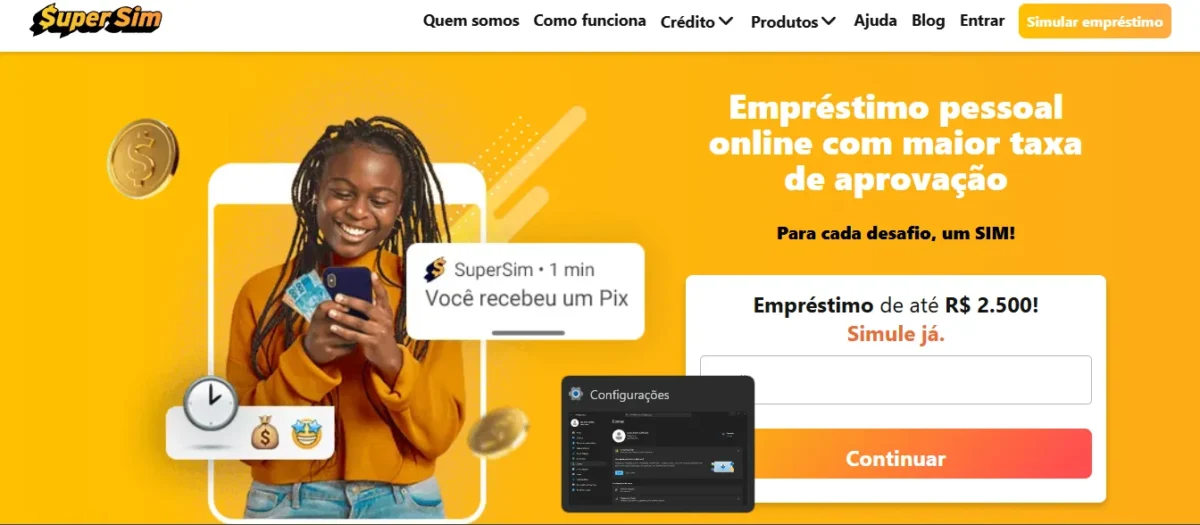 Ecrã/Tela do site oficial da Super Sim a mostrar a simulação de empréstimo pessoal online.
